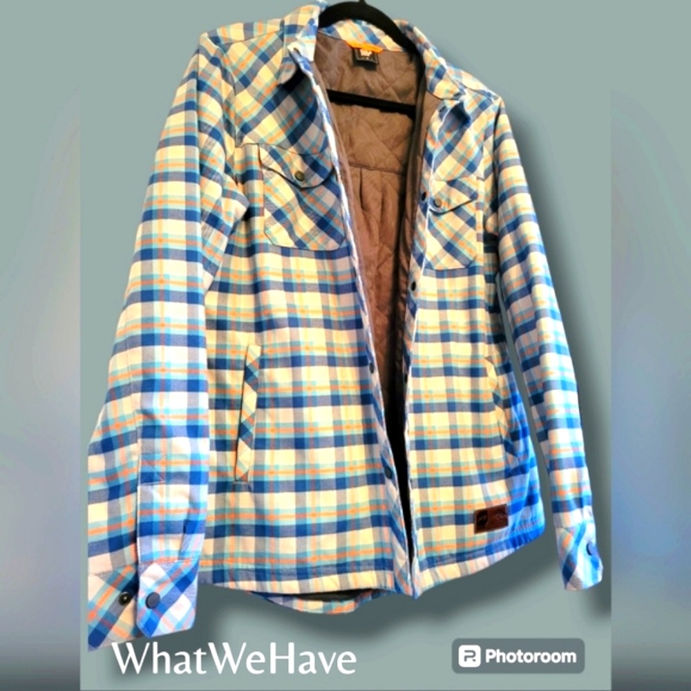 Orage Mens Flannel Jacket Large Blue Grey Orange Plaid
